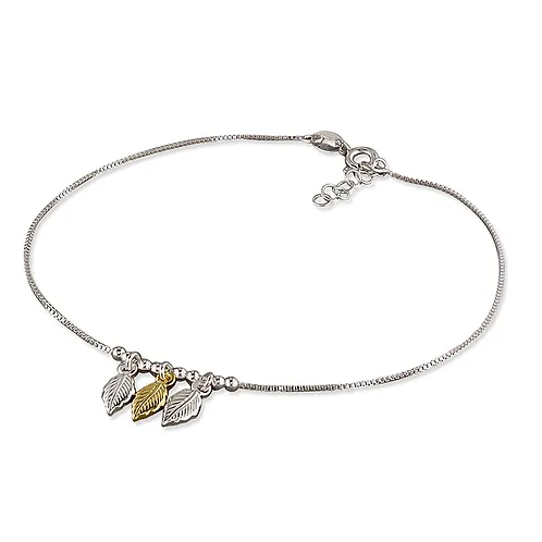 STERLING SILVER ANKLET- 2 TONE 3 LEAVES & BEADS