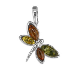SILVER MIXED AMBER DRAGONFLY ON A 18" STERLING SILVER CHAIN