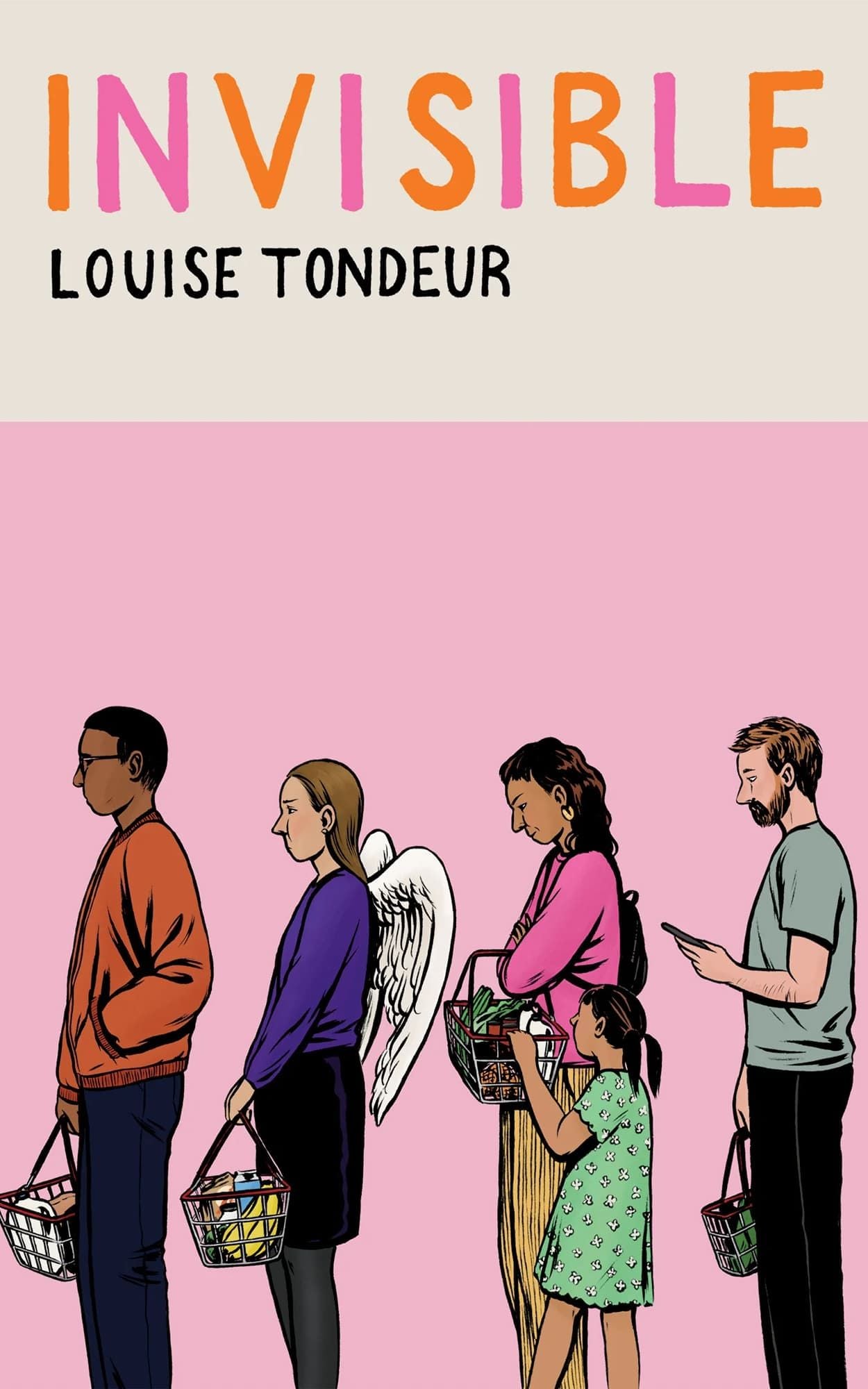 Pink and grey cover showing a queue of people