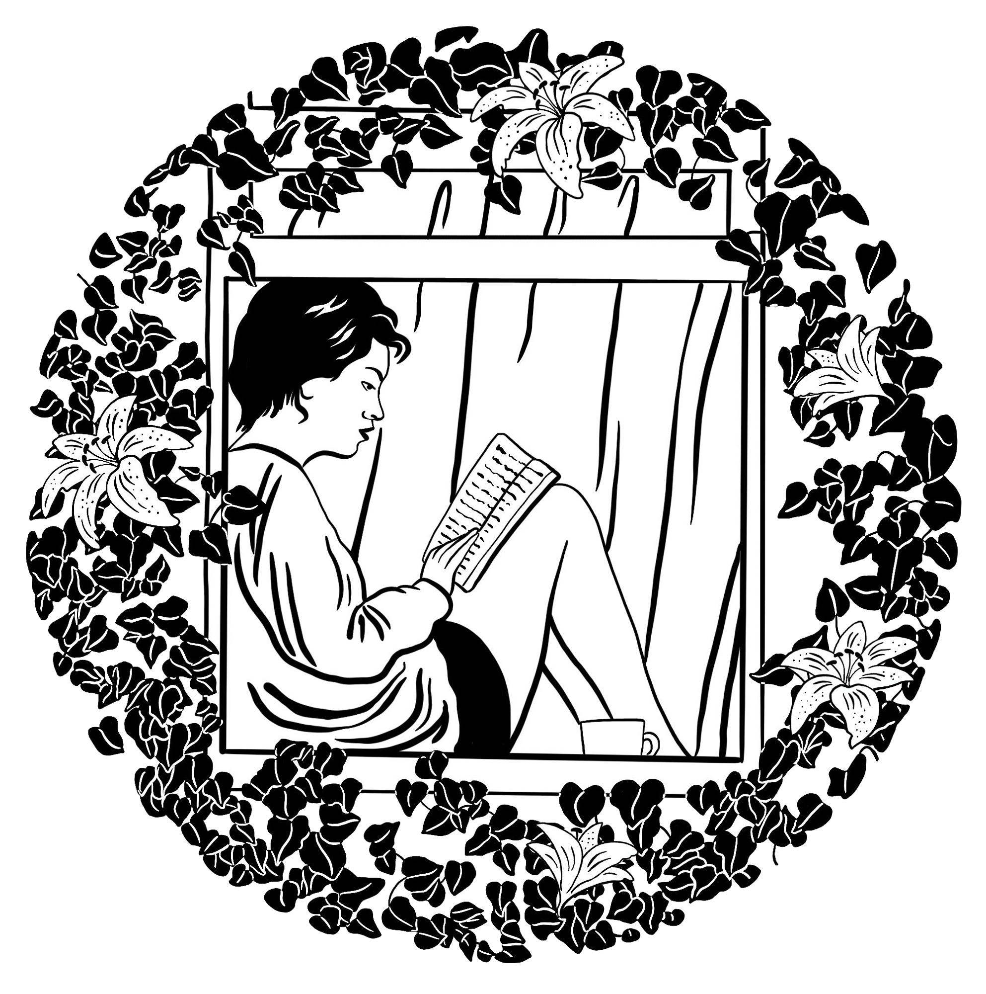 A black and white illustration of a person sitting in a window looking at an open book on their lap, with a mug on the sill beside them. A circle of lily flowers and leaves surrounds them.
