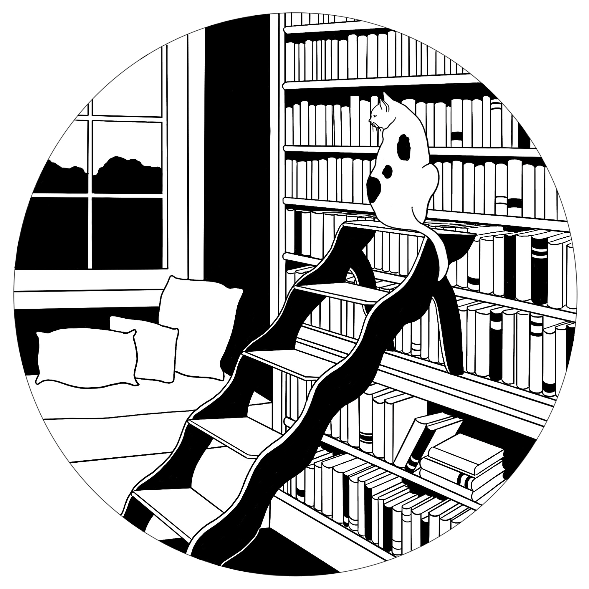 A black and white illustration of a cat sitting atop a library ladder in front of a wall of bookshelves.