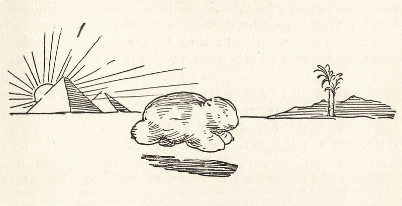 a black & white illustration showing a wombat running across a desert. In the background on the left is a grouping of pyraminds and on the right is a palm tree.