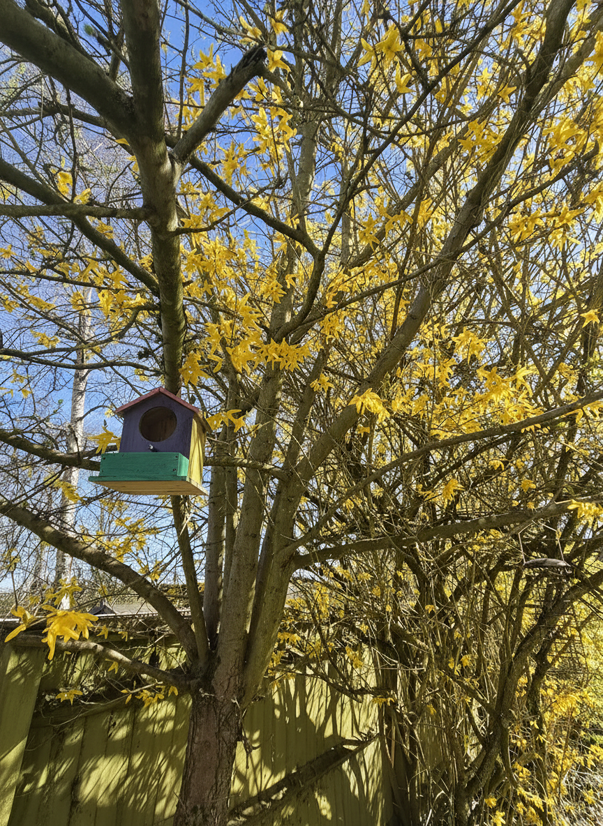 Forsythia bird box