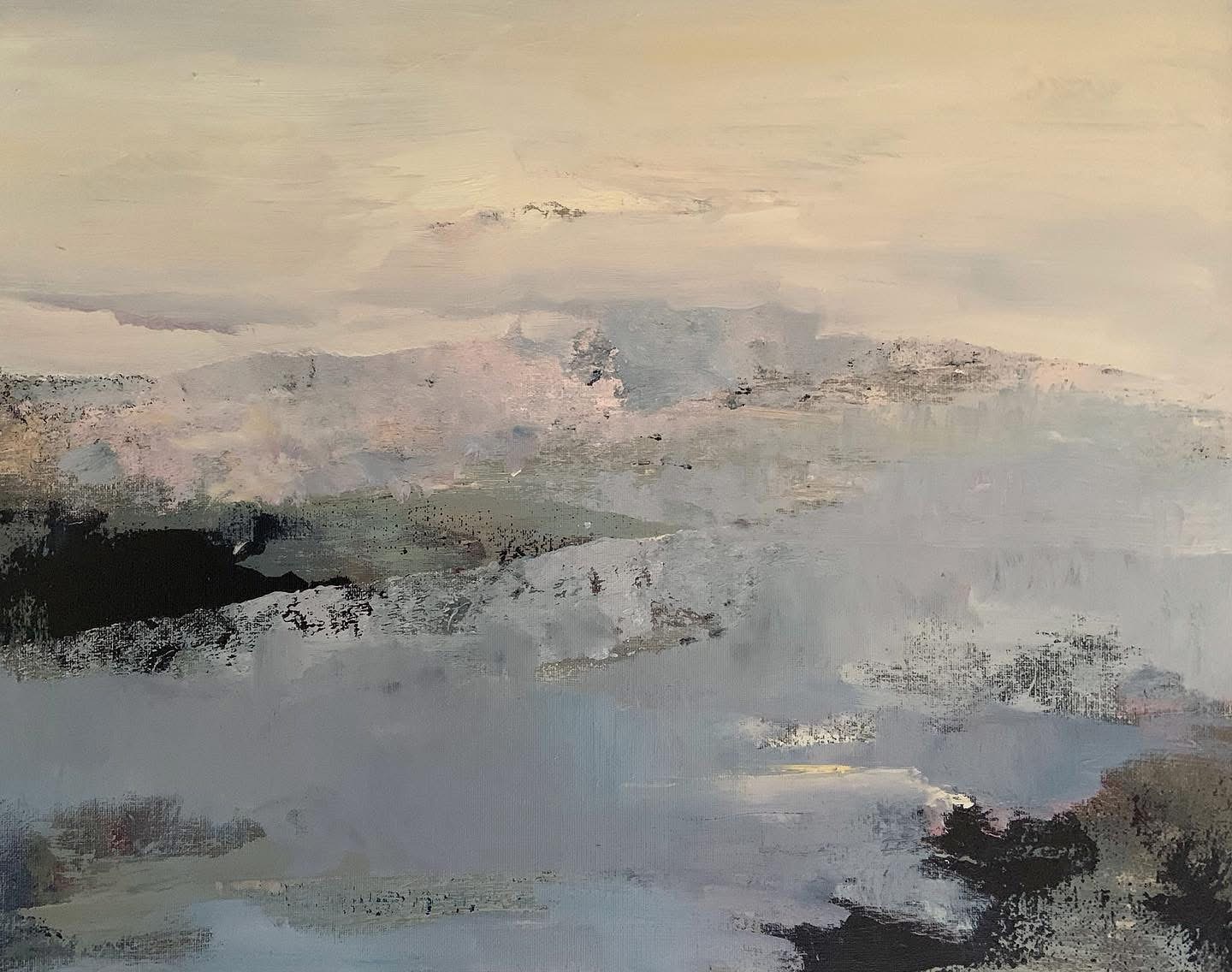 Snowscape painting, subtle shades of grey, blue and black 