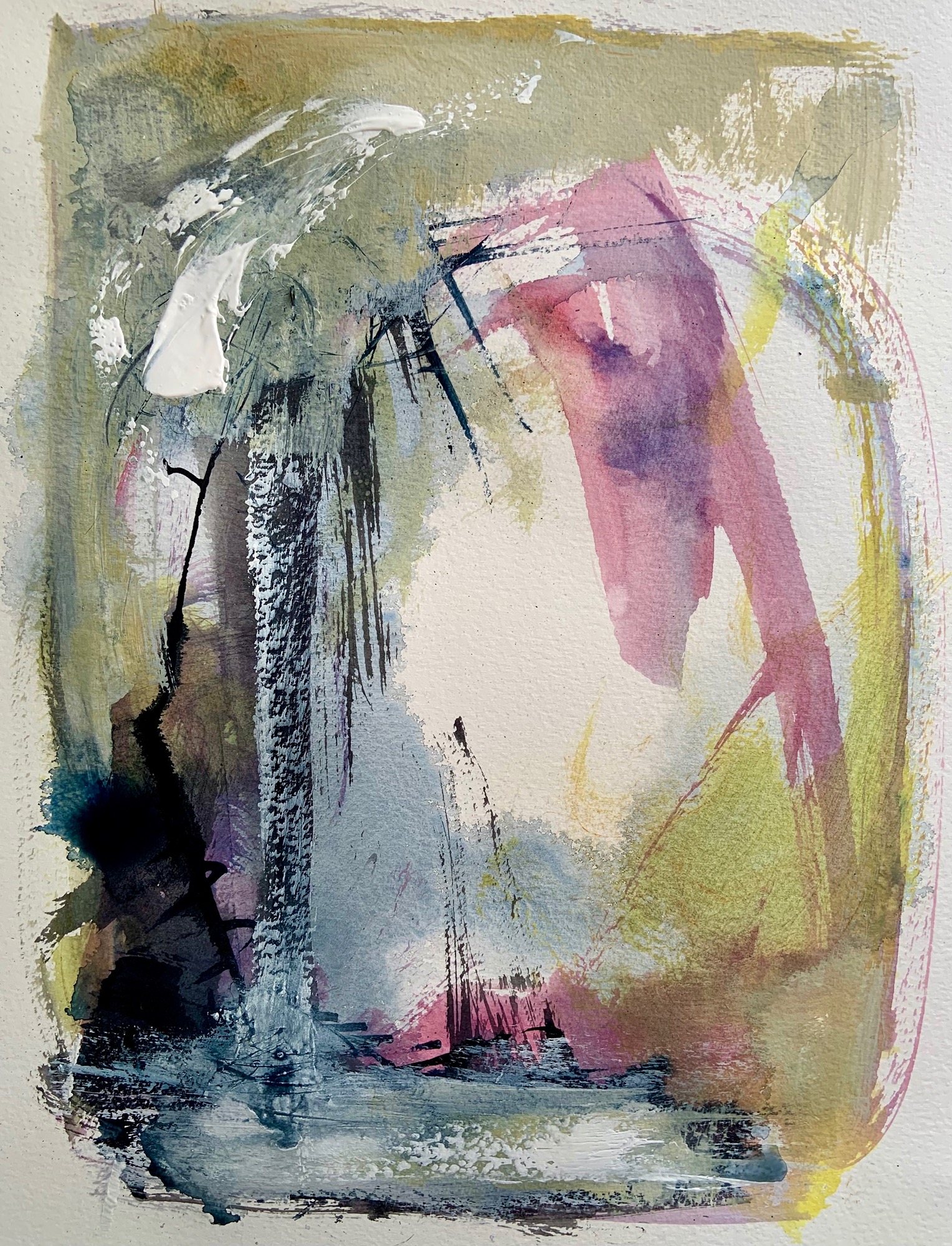 A watercolour painting in grey, pink and black 