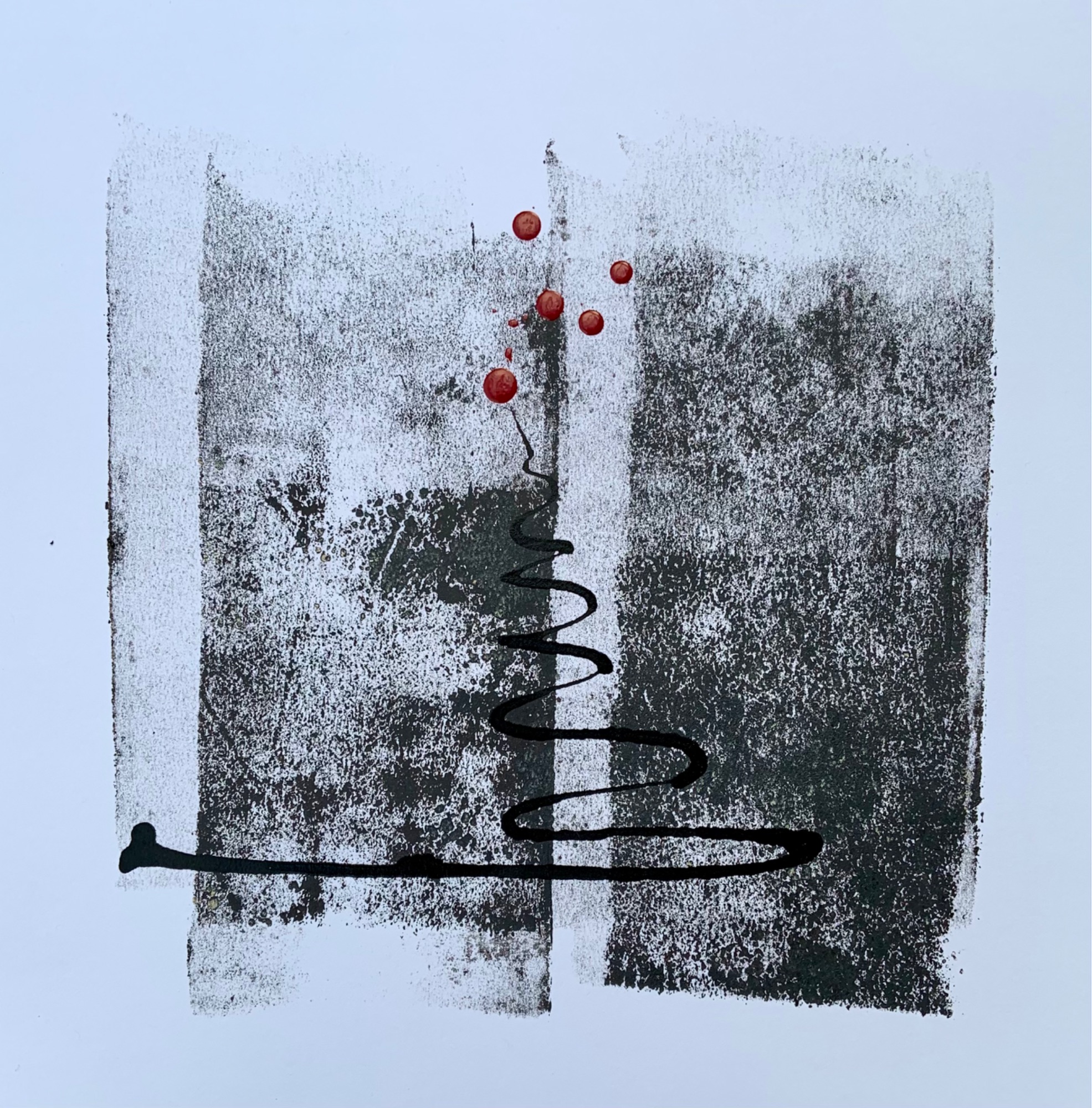 Two bands of black with a scribble line and red dots