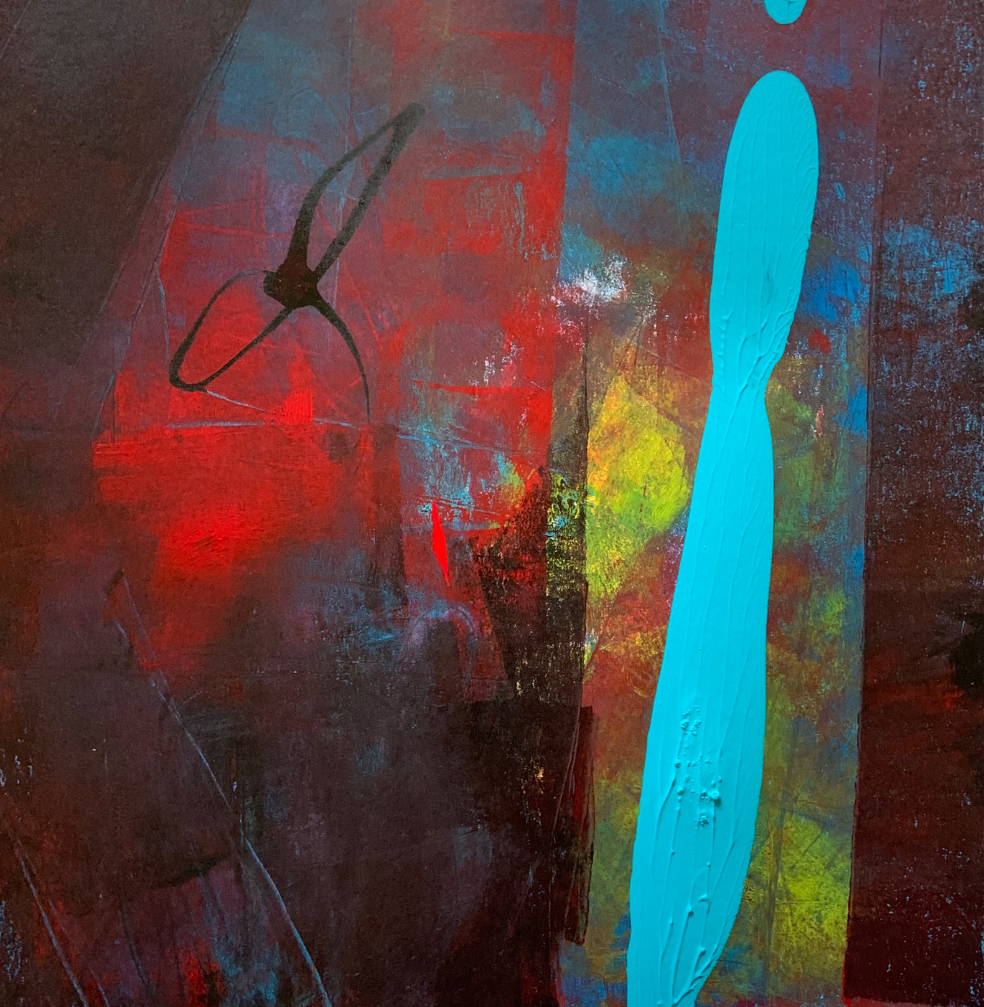 Red abstract painting with black ink lines and a bright turquoise mark