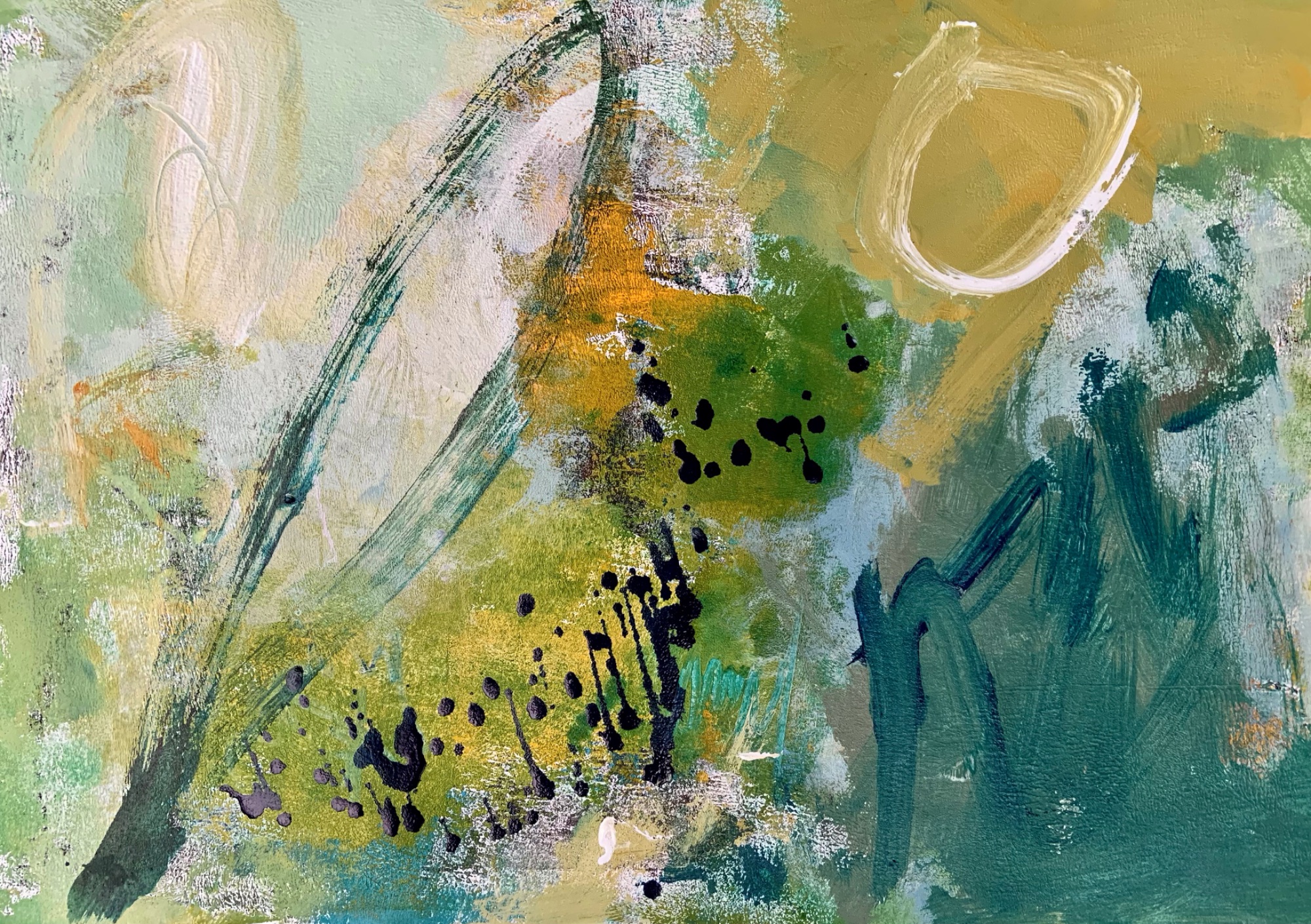 Abstract painting in green, yellow and cream 