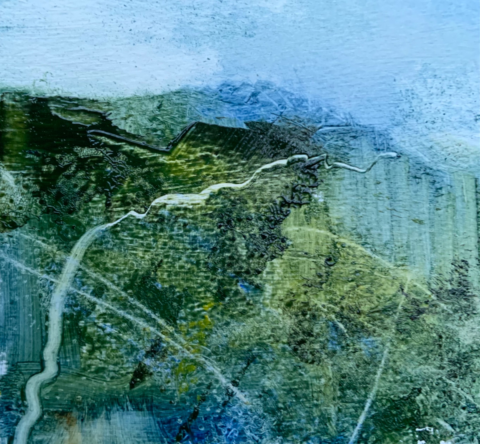 Abstract landscape in oils.  Green and blue