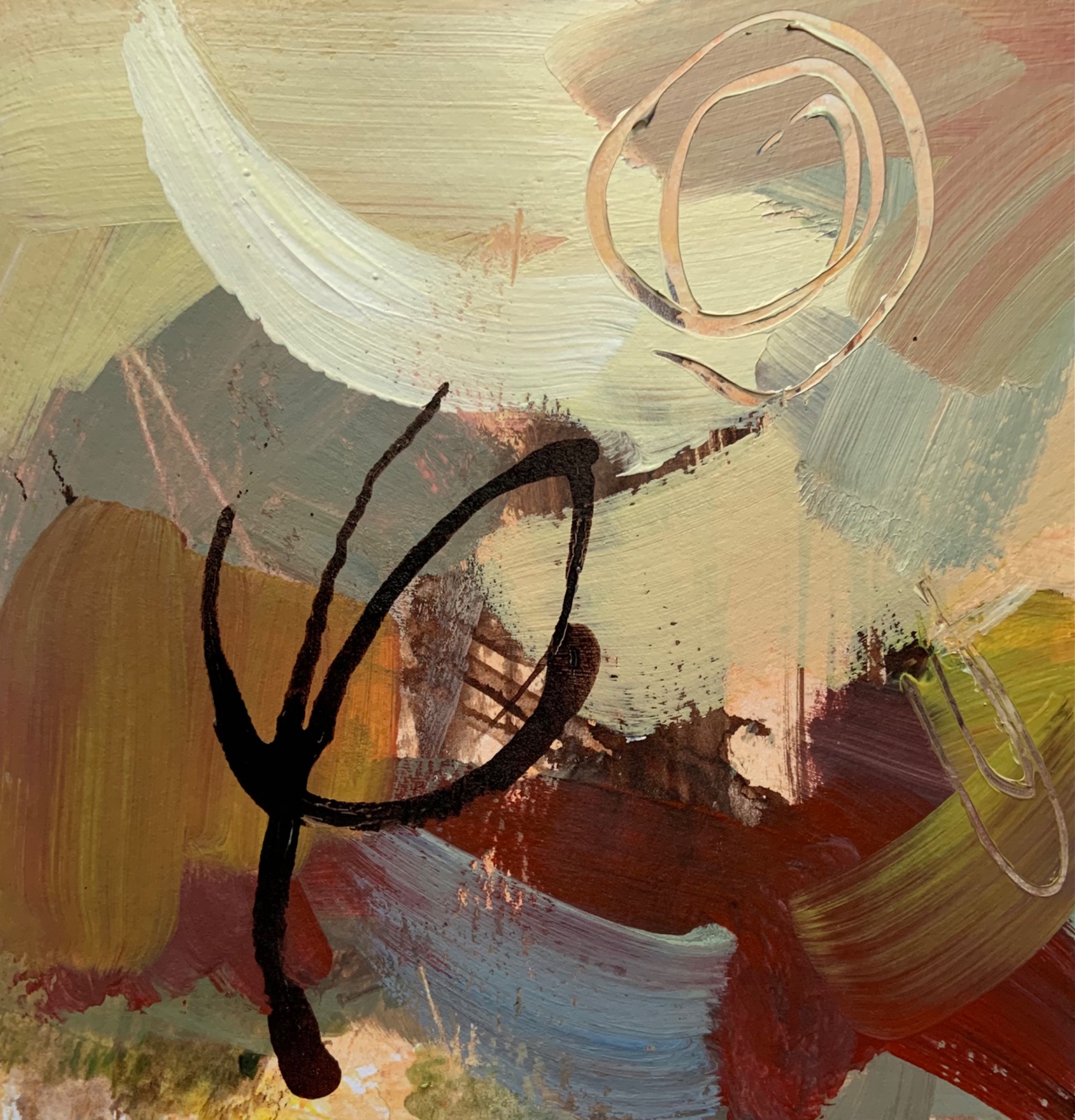 Swirly shapes over a landscape type abstract 