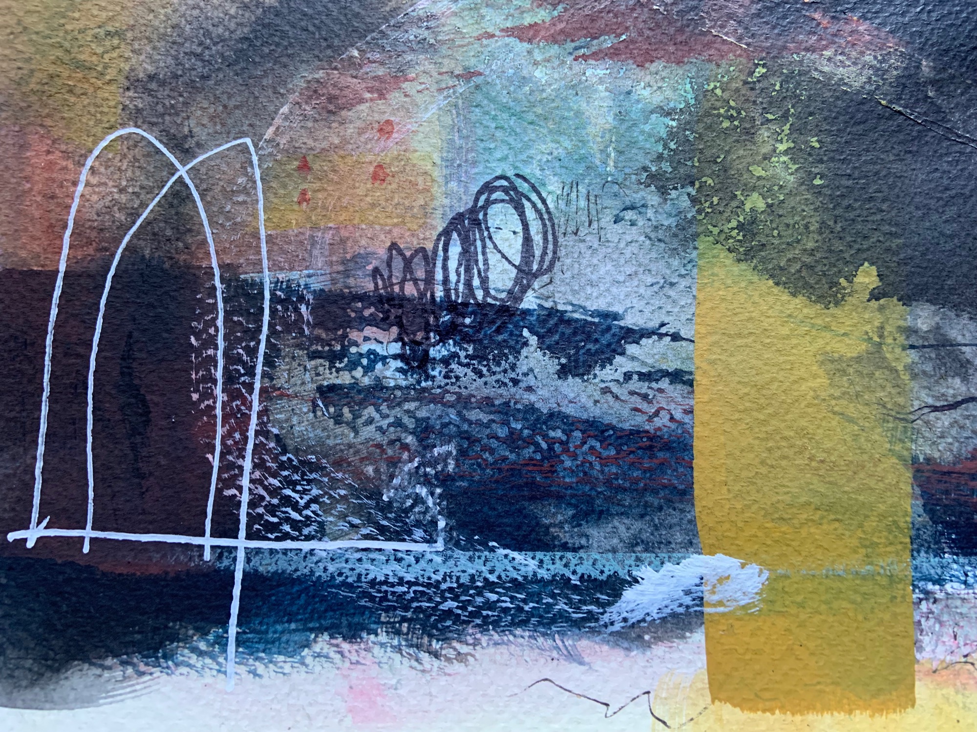 Abstract art with many different shapes and lines in inks