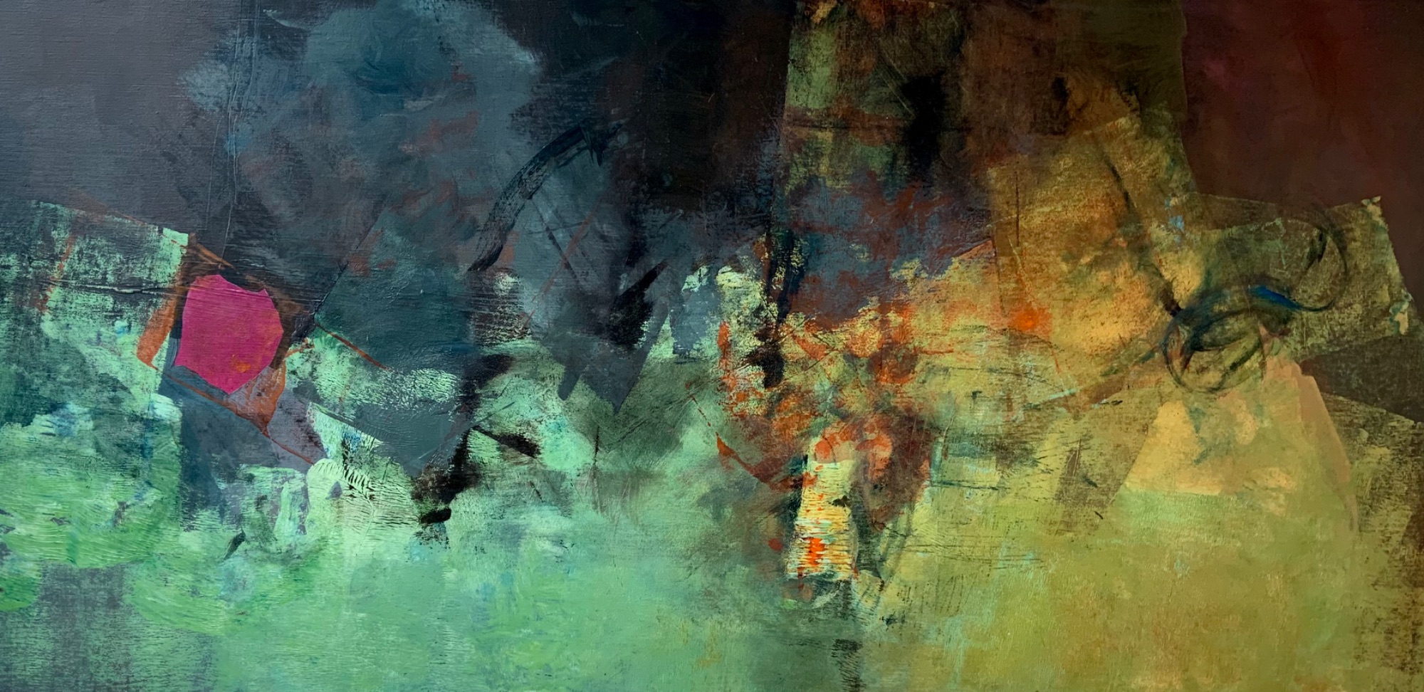 Oil painting with yellow, green orange and black