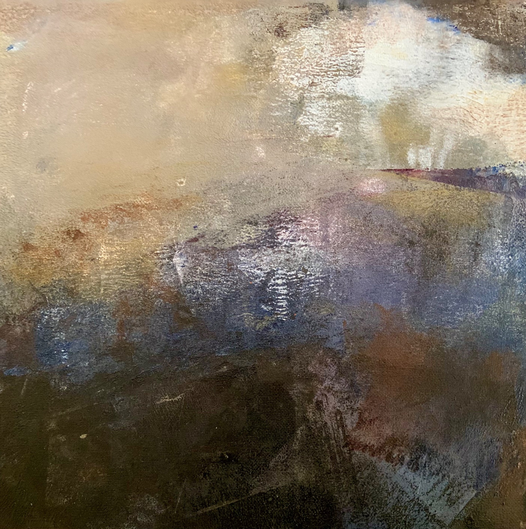 Abstract painting with centre of grey and black and brown sides