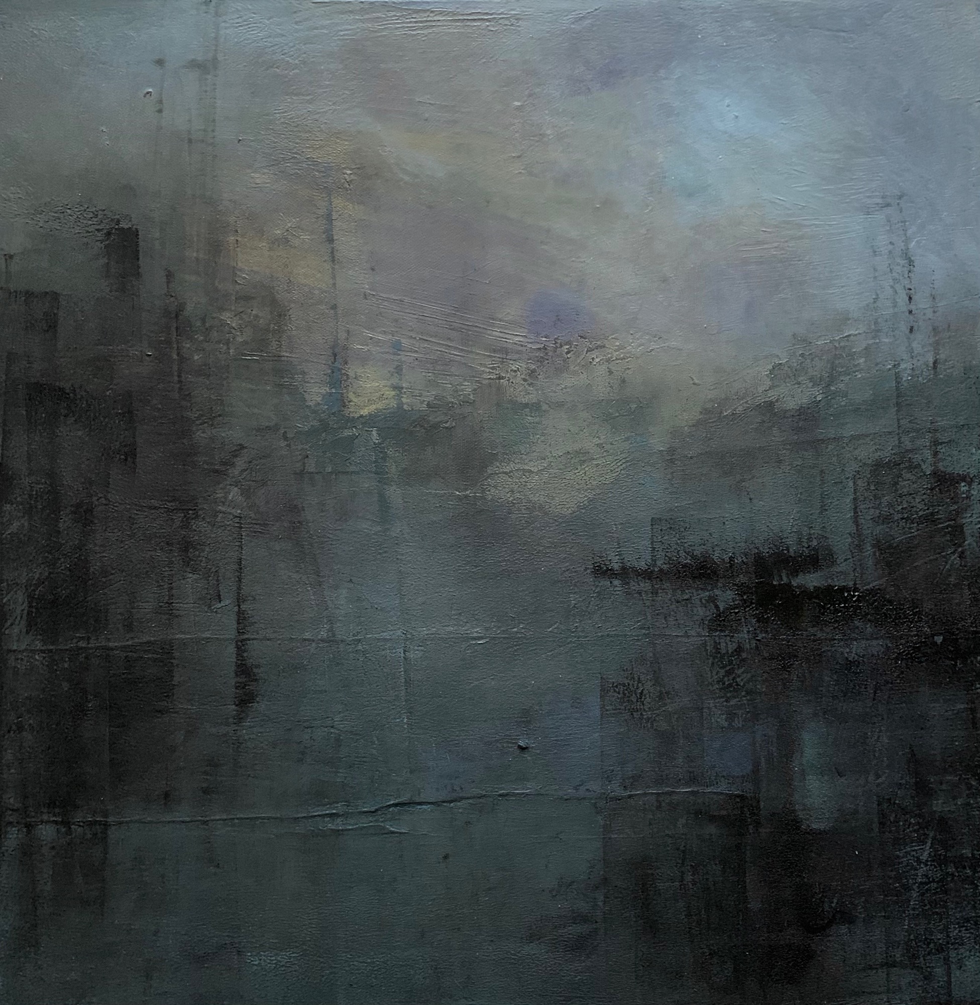 A lively abstract painting with dark blue swirl and red scribbles