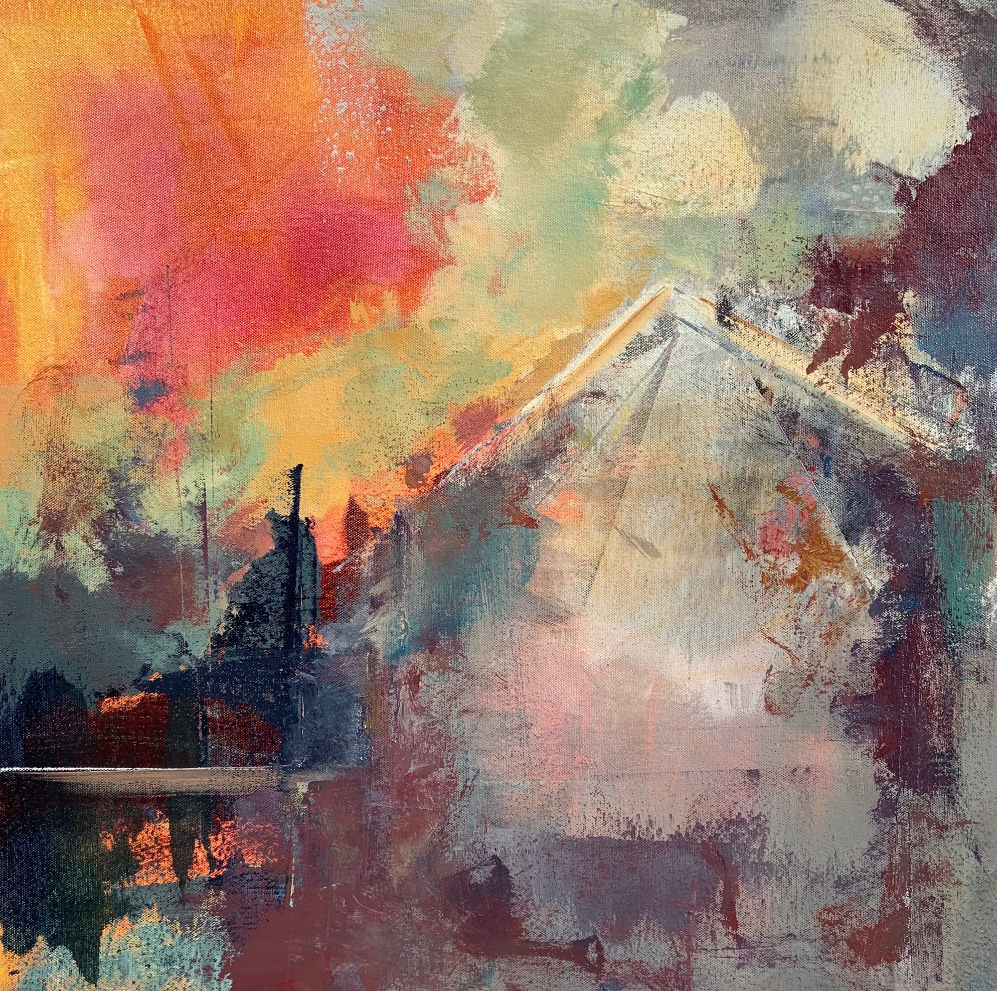 Abstract art in a mix of colours, orange, red, cream 