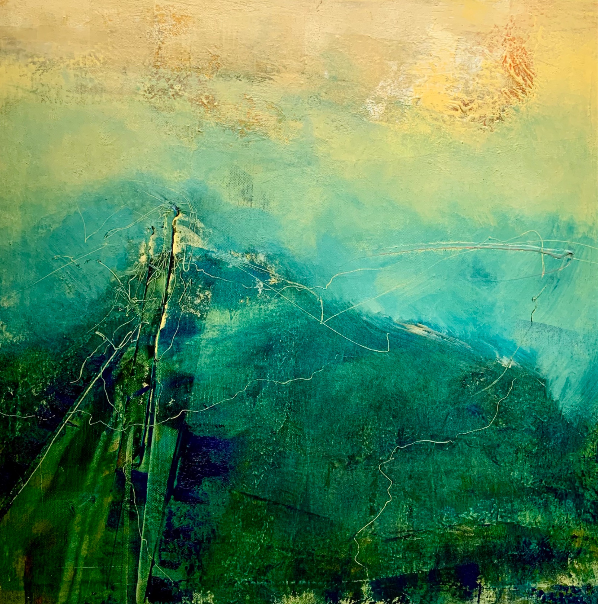 Abstract landscape in green and yellow oils