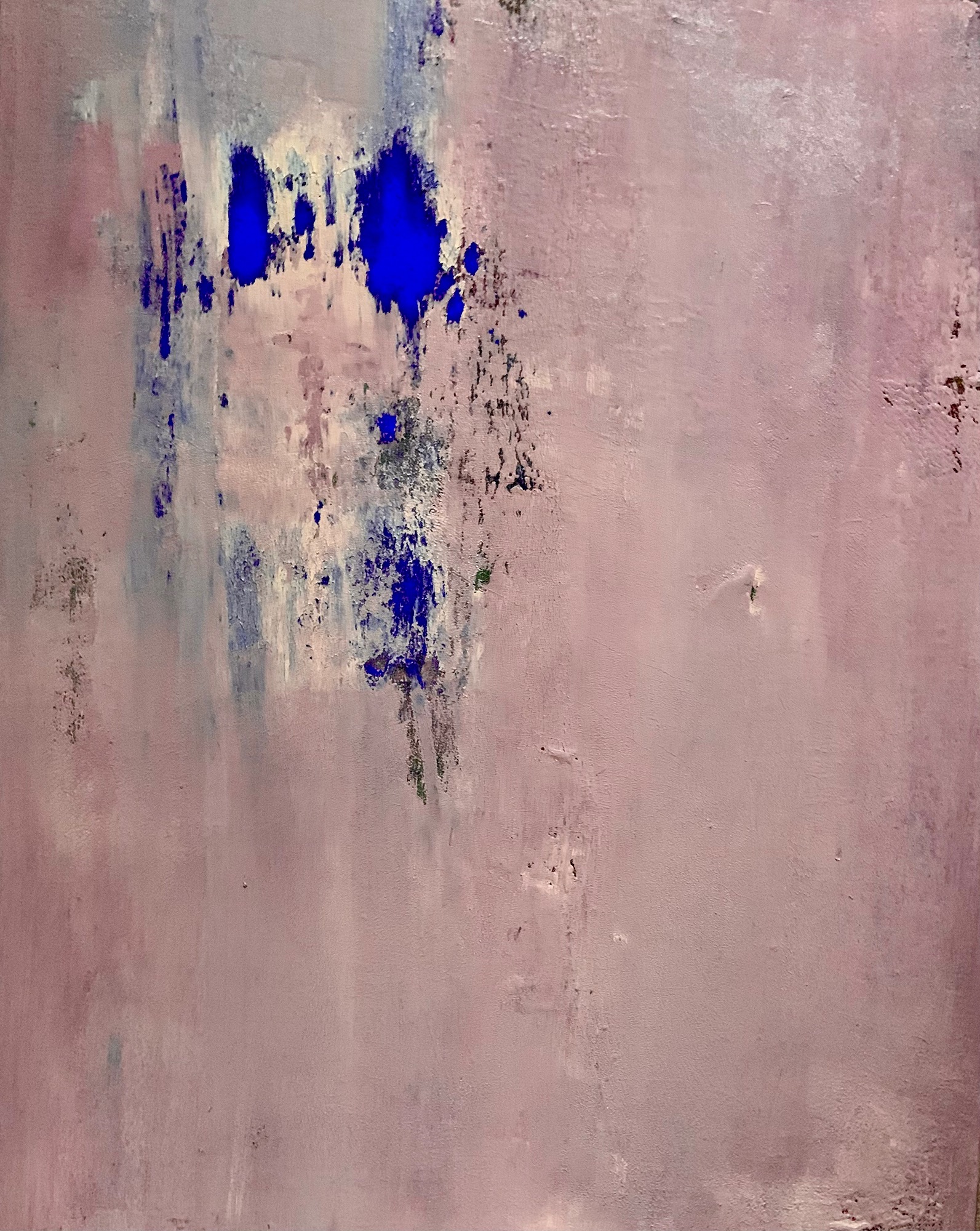 Oil painting in pale pink with ultramarine blue pigment 