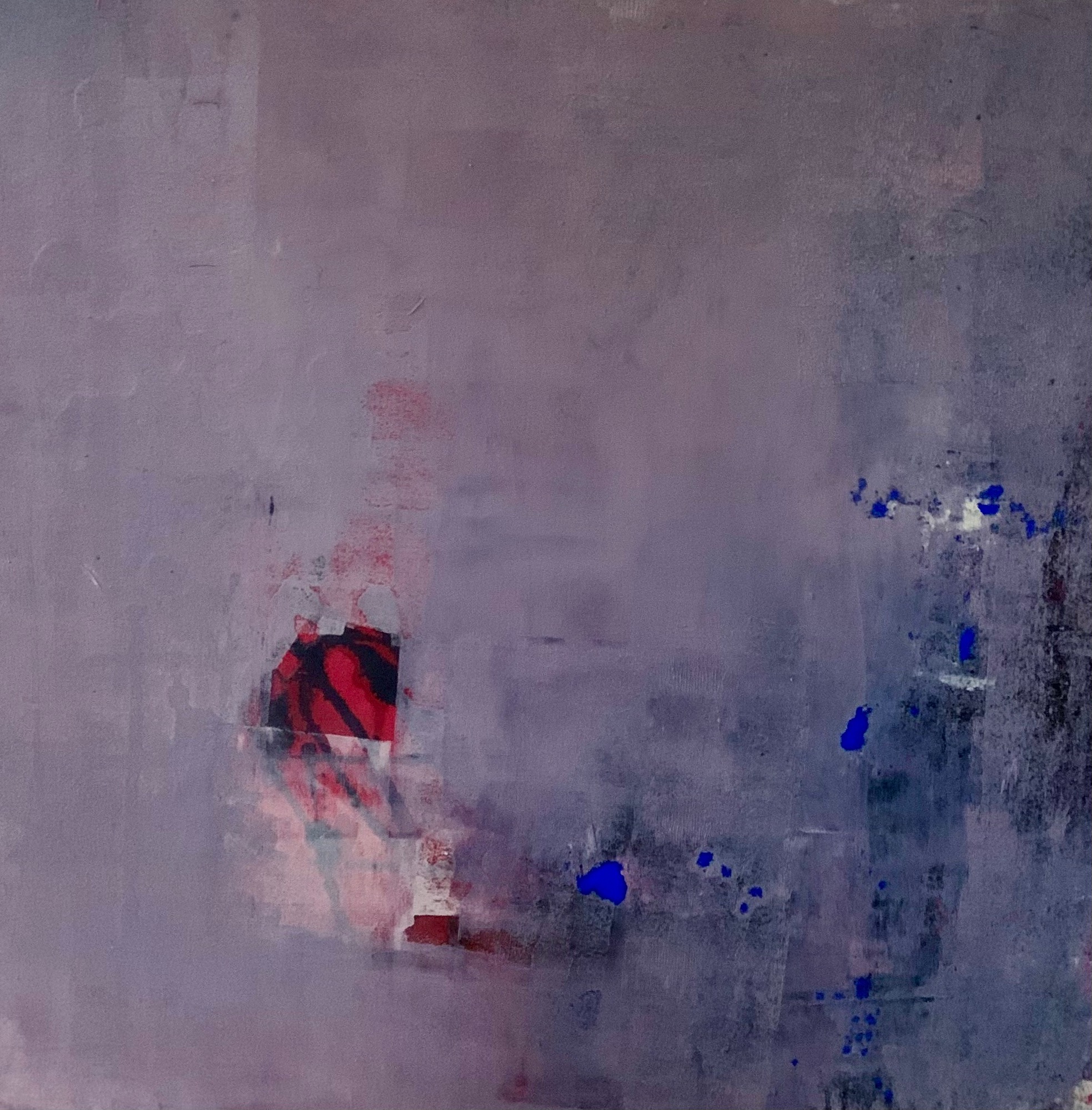 Large oil painting in violet pink with patch of red 