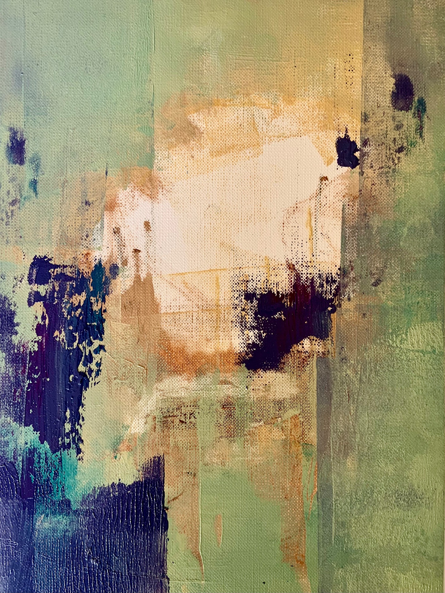 Oil painting in yellow, green and dark blue abstract marks