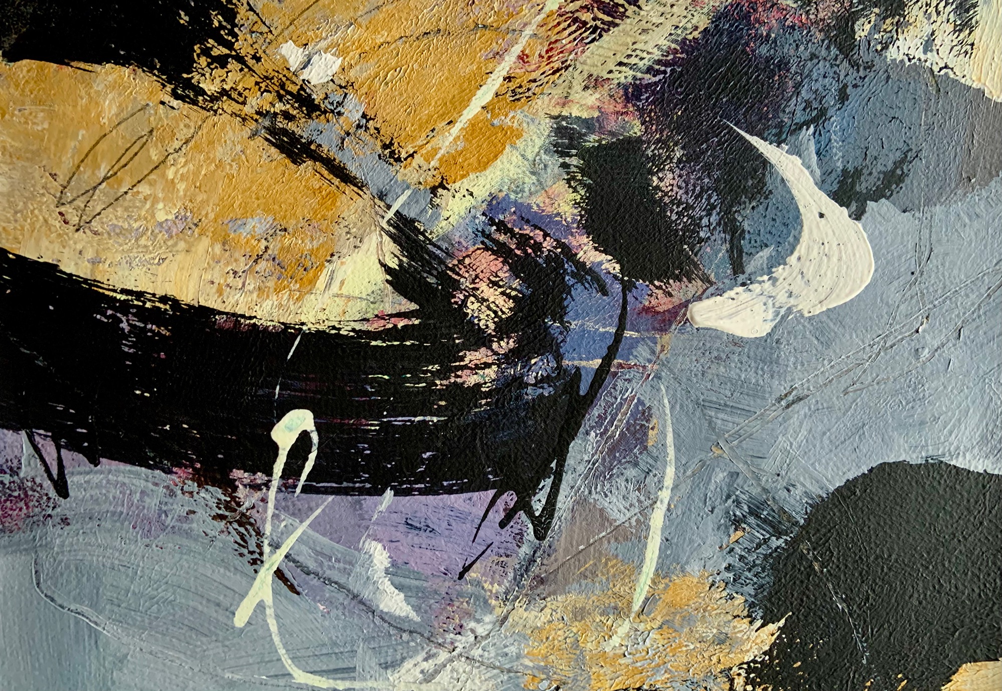 Abstract painting of seashore with many colours, black, sand, white, blue and greys