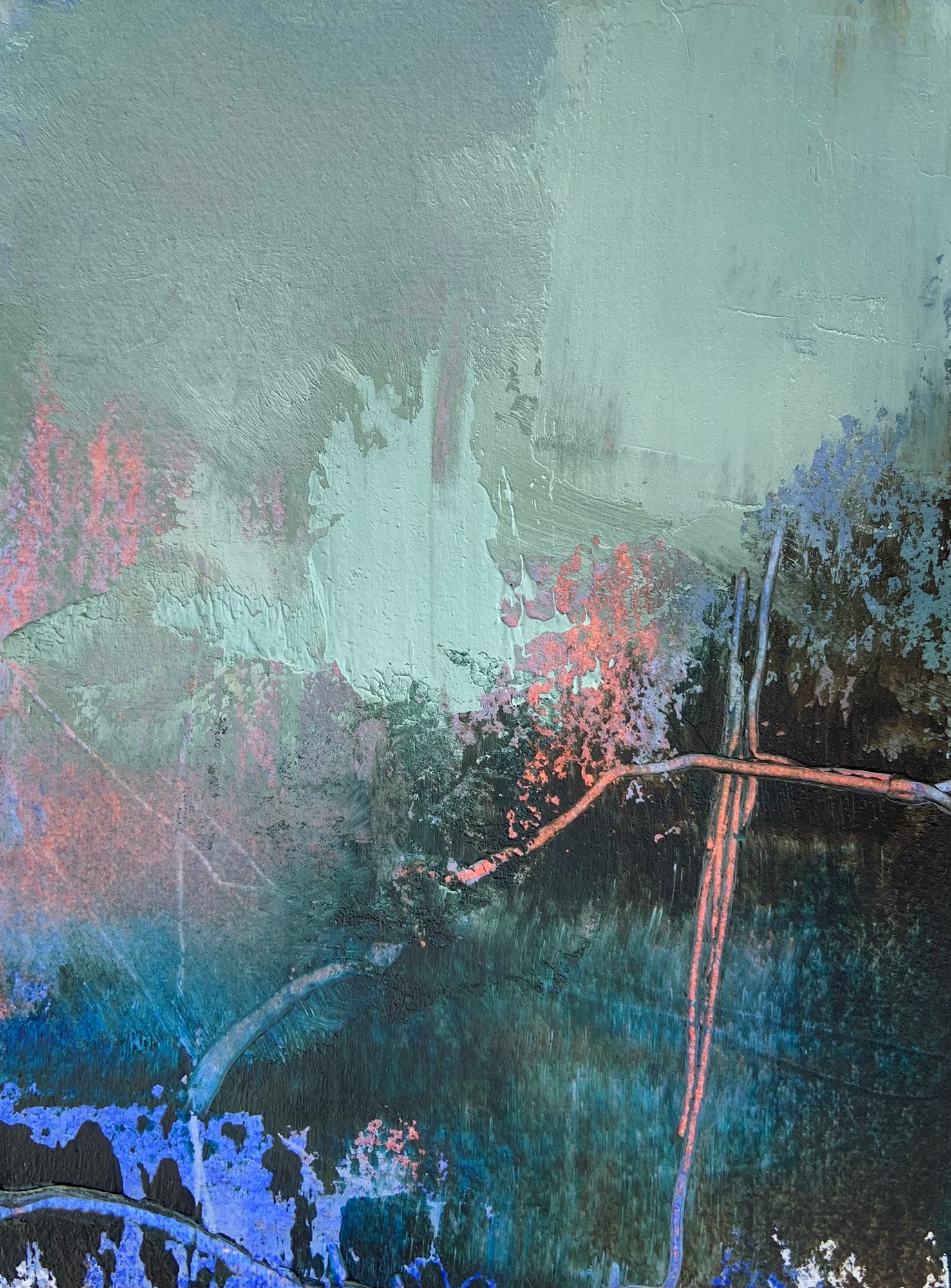 Abstract oil painting in light green, pink and blue