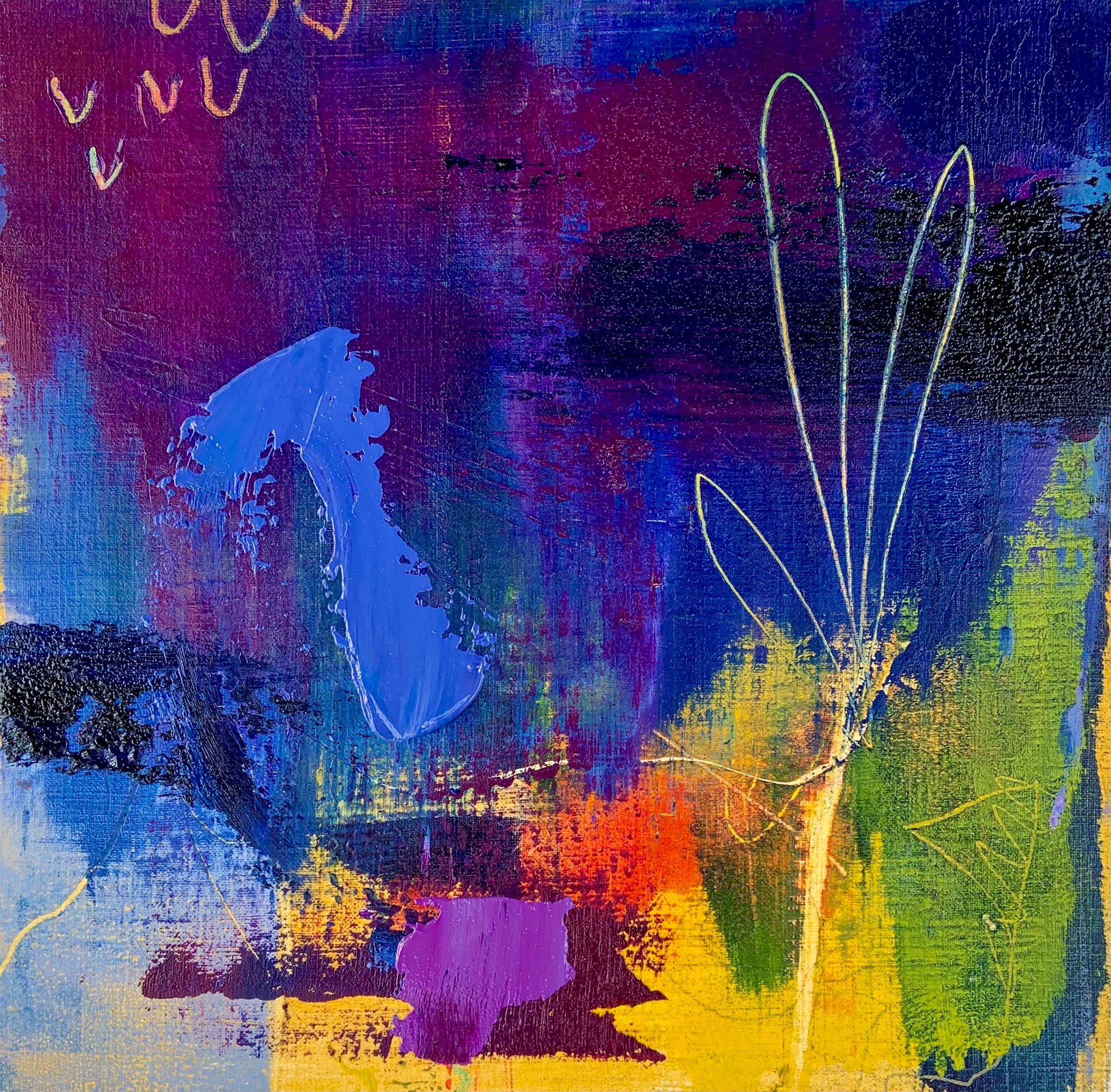 Abstract oil painting in many colours with scribbles drawn into the paint