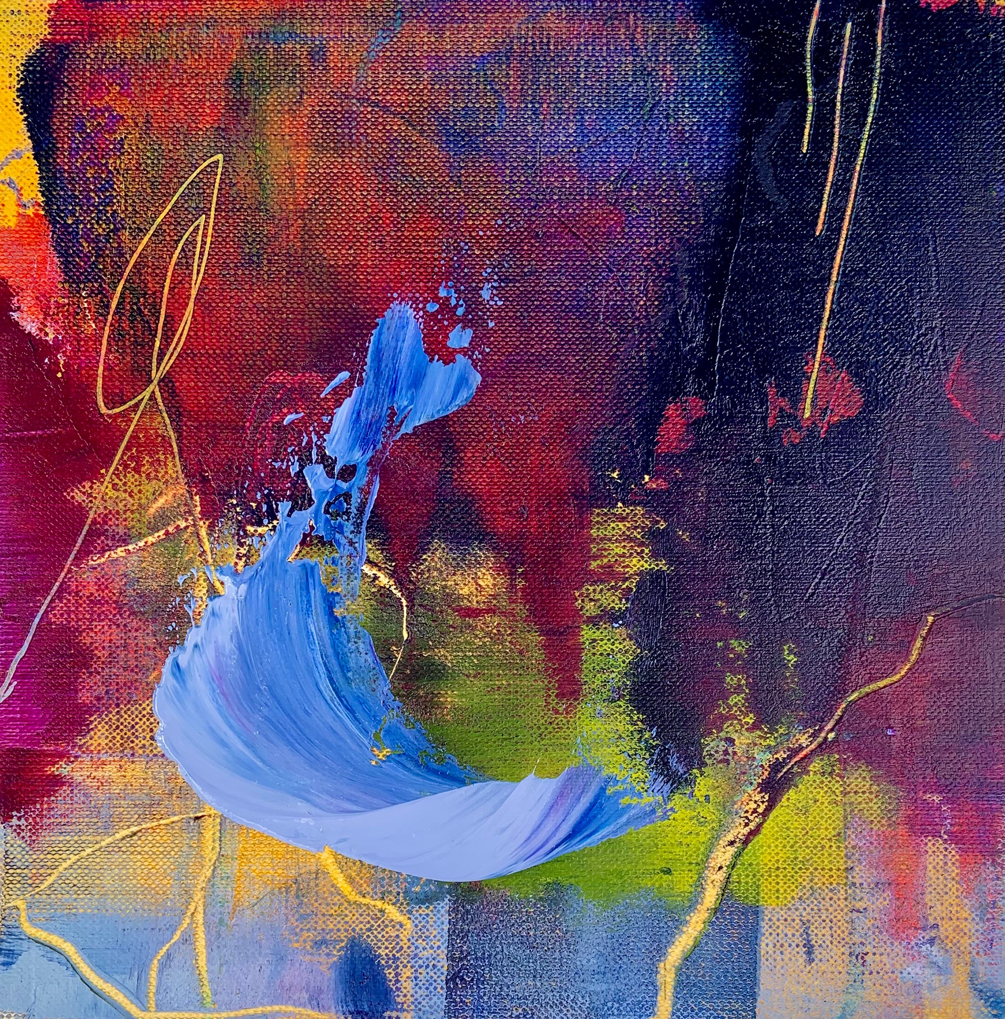 Abstract oil painting in red, purple, blue and green shapes