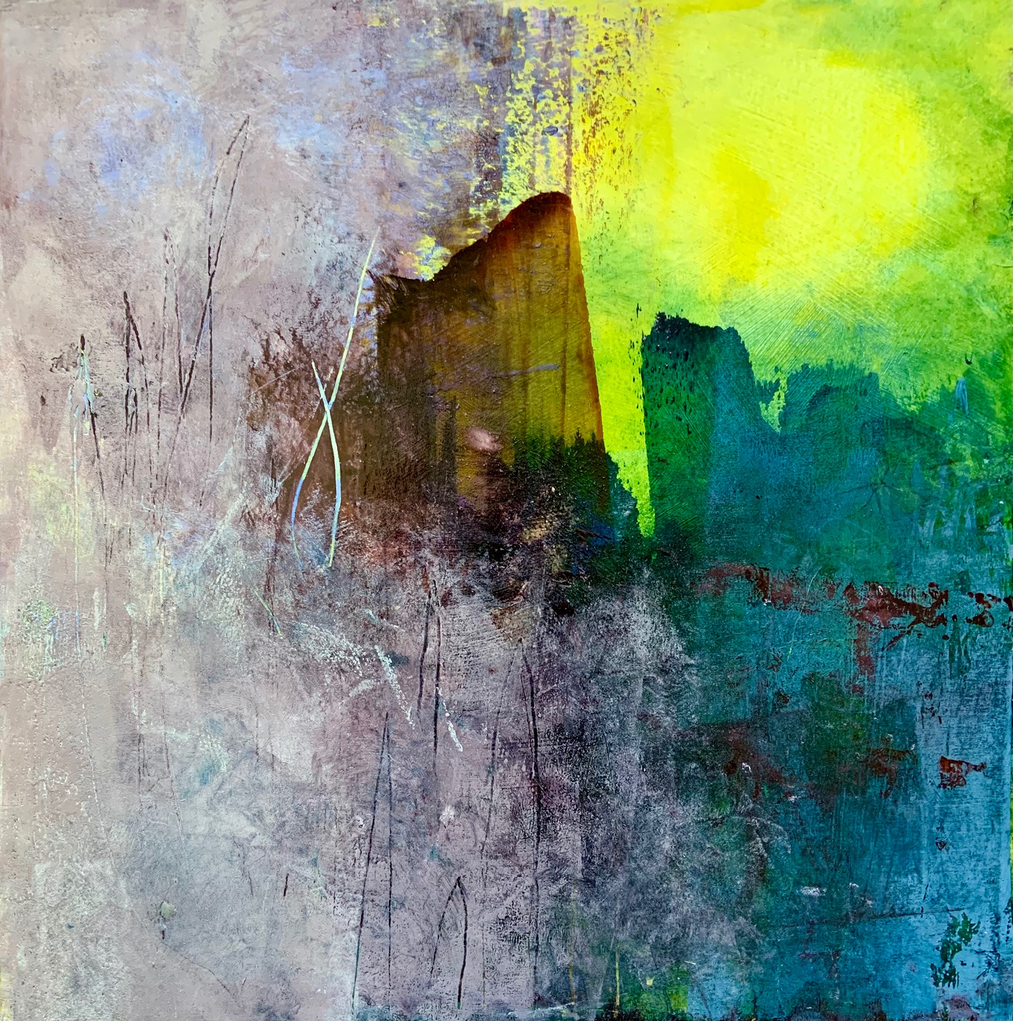 Oil painting in green and grey with brown 