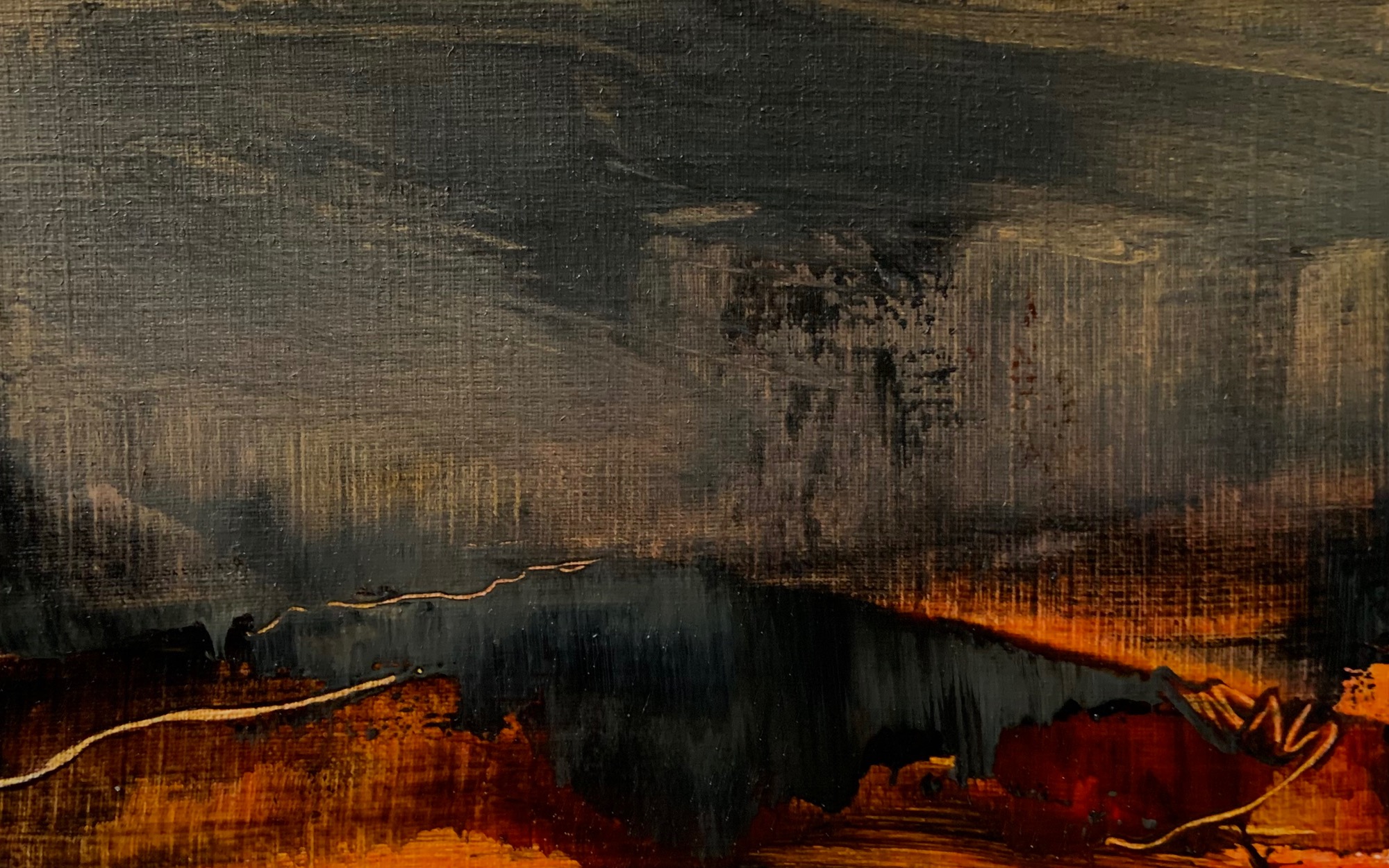 Oil painting on paper in dark colours, orange and grey/black