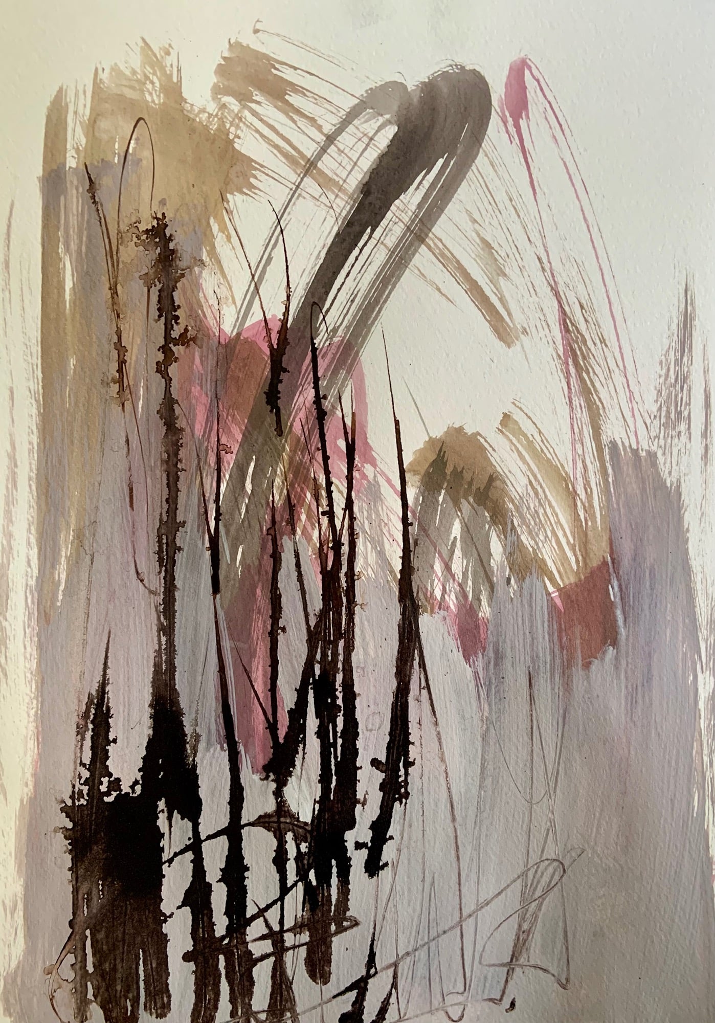 Bright red painting with a fawn and cream bottom section and a calligraphic scribble in black