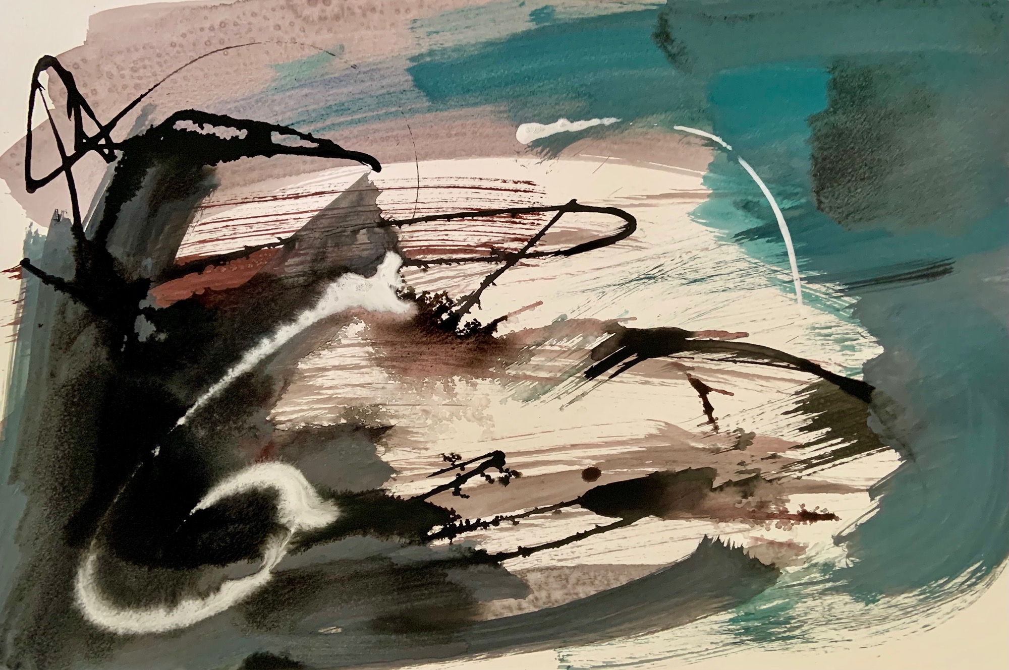 Abstract painting in vibrant green and yellow with black 