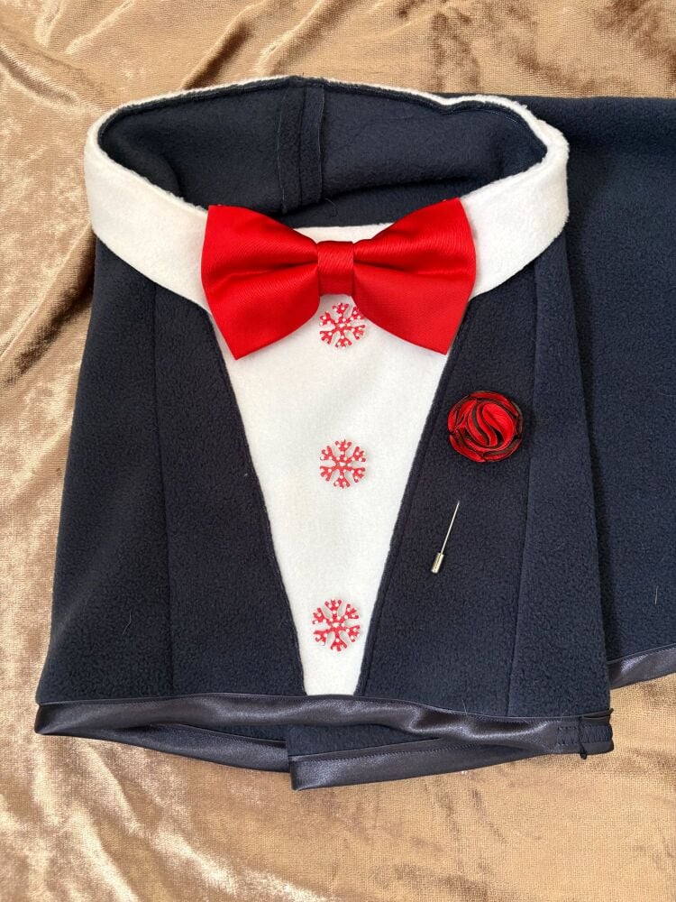 32 Inch Navy Christmas Fleece Tuxedo with Bow Tie & Lapel Rose