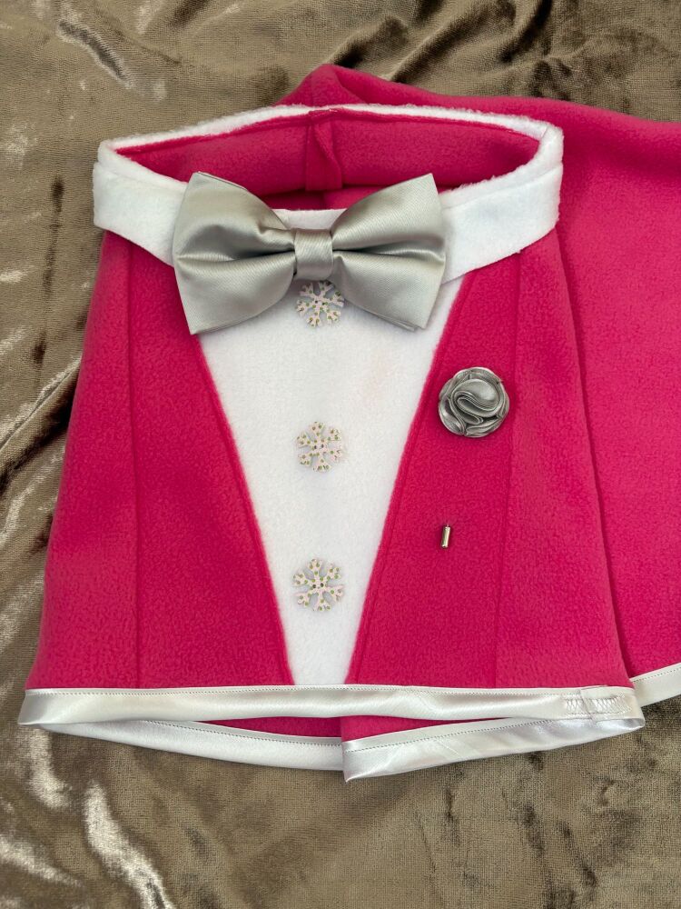 32 Inch Pink Christmas Fleece Tuxedo with Bow Tie & Lapel Rose