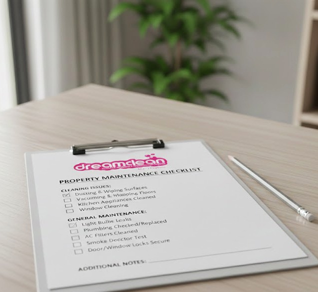 A Property Maintenance Checklist from Dreamclean on a silver clipboard sitting on a light wood desk, featuring sections for cleaning issues and general maintenance with several items checked off