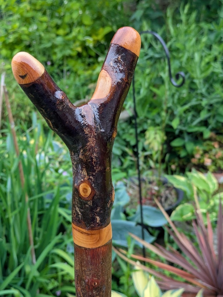 Handcrafted Hawthorn & Blackthorn Thumbstick with Yew Cap and Copper Tip 54.5 inches tall