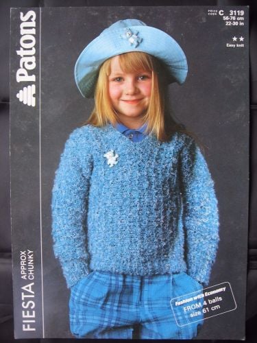 Paper Vintage Knitting Pattern 1980s Patons 3119 Girl's Chunky V Neck Sweater 22