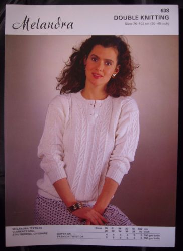 Card Knitting Pattern Vintage 80s Melandra 638 Ladies Cable Sweater DK 30