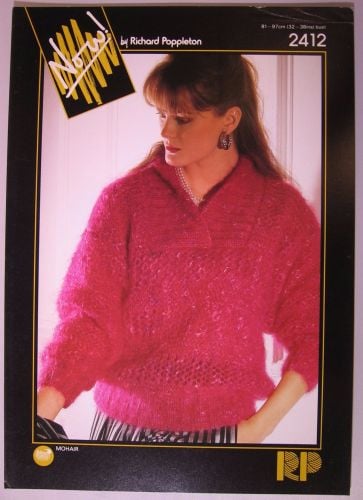 Paper Knitting Pattern Vintage 80s Poppleton 2412 Women's Mohair Collar Sweater