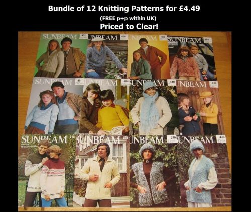 Bundle of 12x Vintage 1980s Sunbeam Knitting Patterns Sweater Hat Scarf for Women Men Children FREE postage within UK
