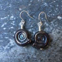 Dark Silver Glass Ammonite Fossil Earrings