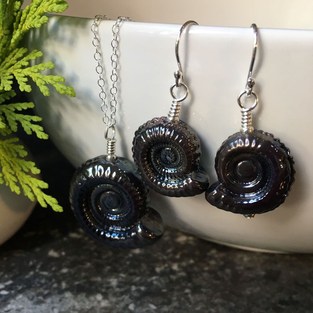 Dark Silver Glass Ammonite Fossil Pendant (large) and Earrings