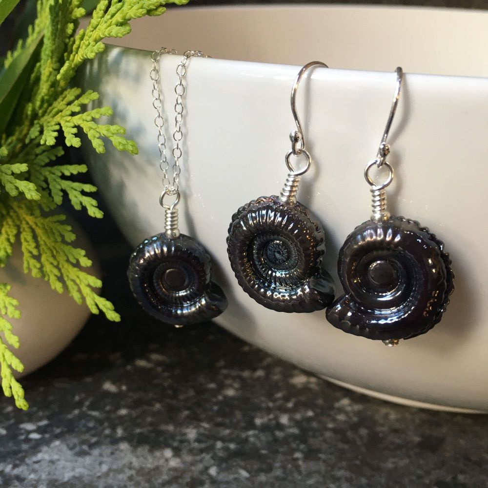 Dark Silver Glass Ammonite Fossil Pendant (small) and Matching Earrings