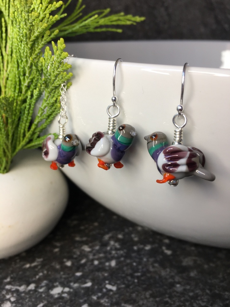 Pigeon Earrings and Small Pendant Set