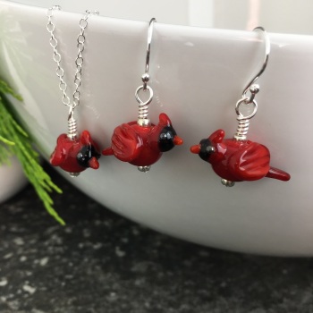 Red Cardinal  Earrings and Small Pendant Set