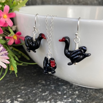 Black Swan Earrings and Small Pendant Set