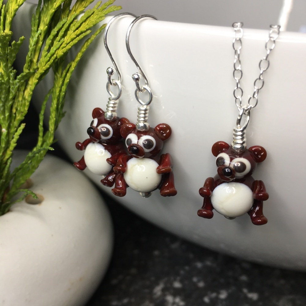 Brown Bear Earrings and Small Pendant Set