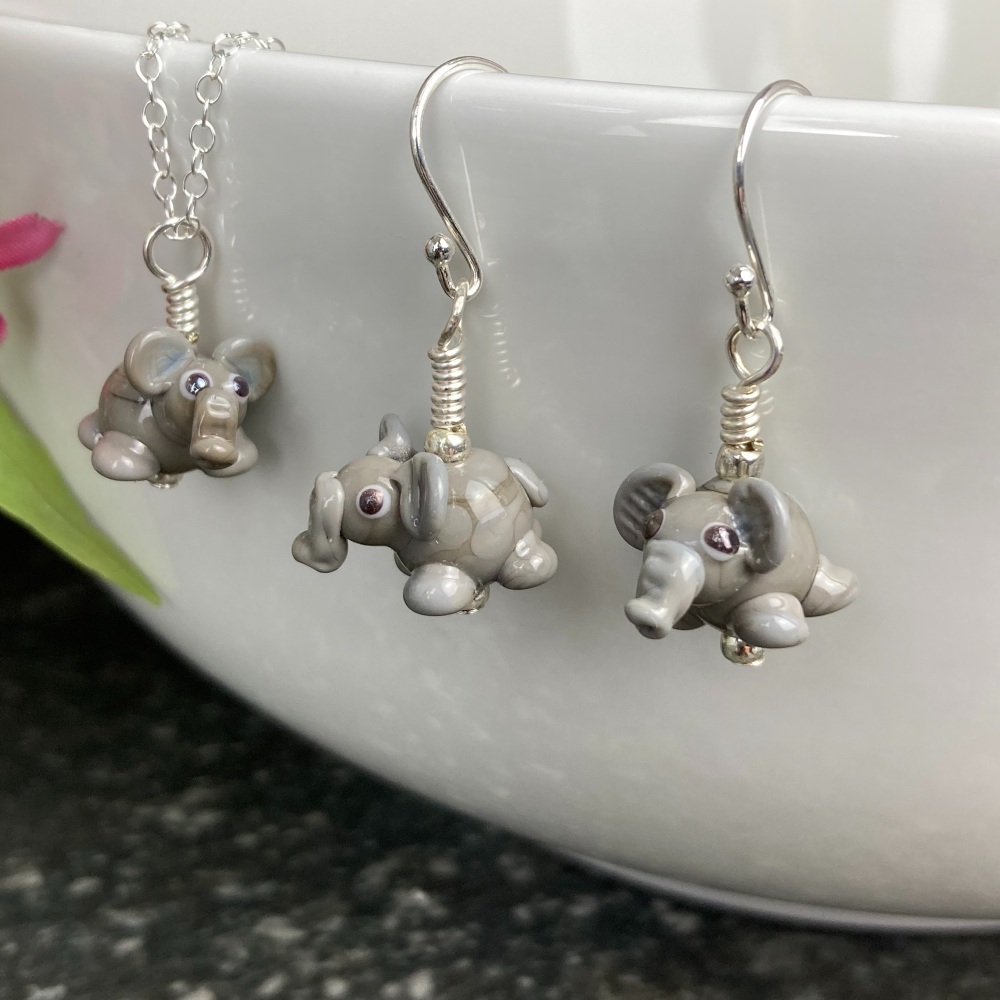 Elephant Earrings and Small Pendant Set