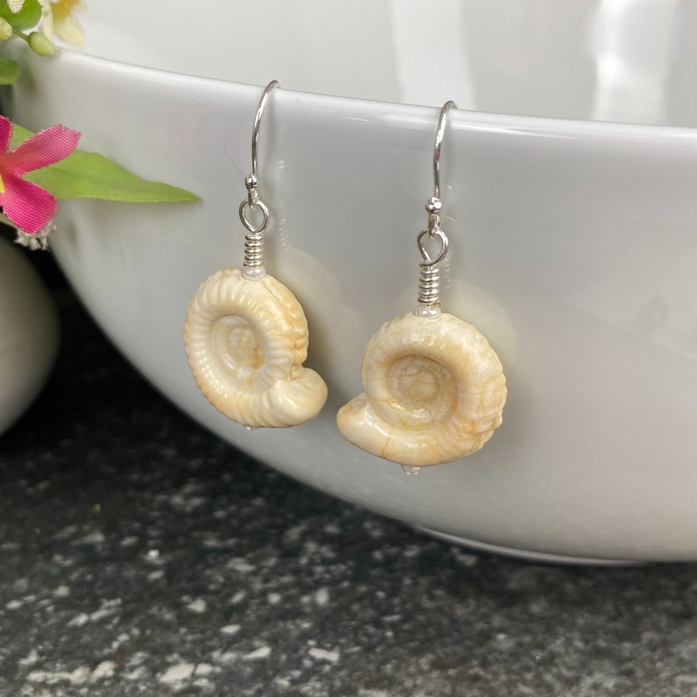 Ivory Glass Ammonite Fossil Earrings