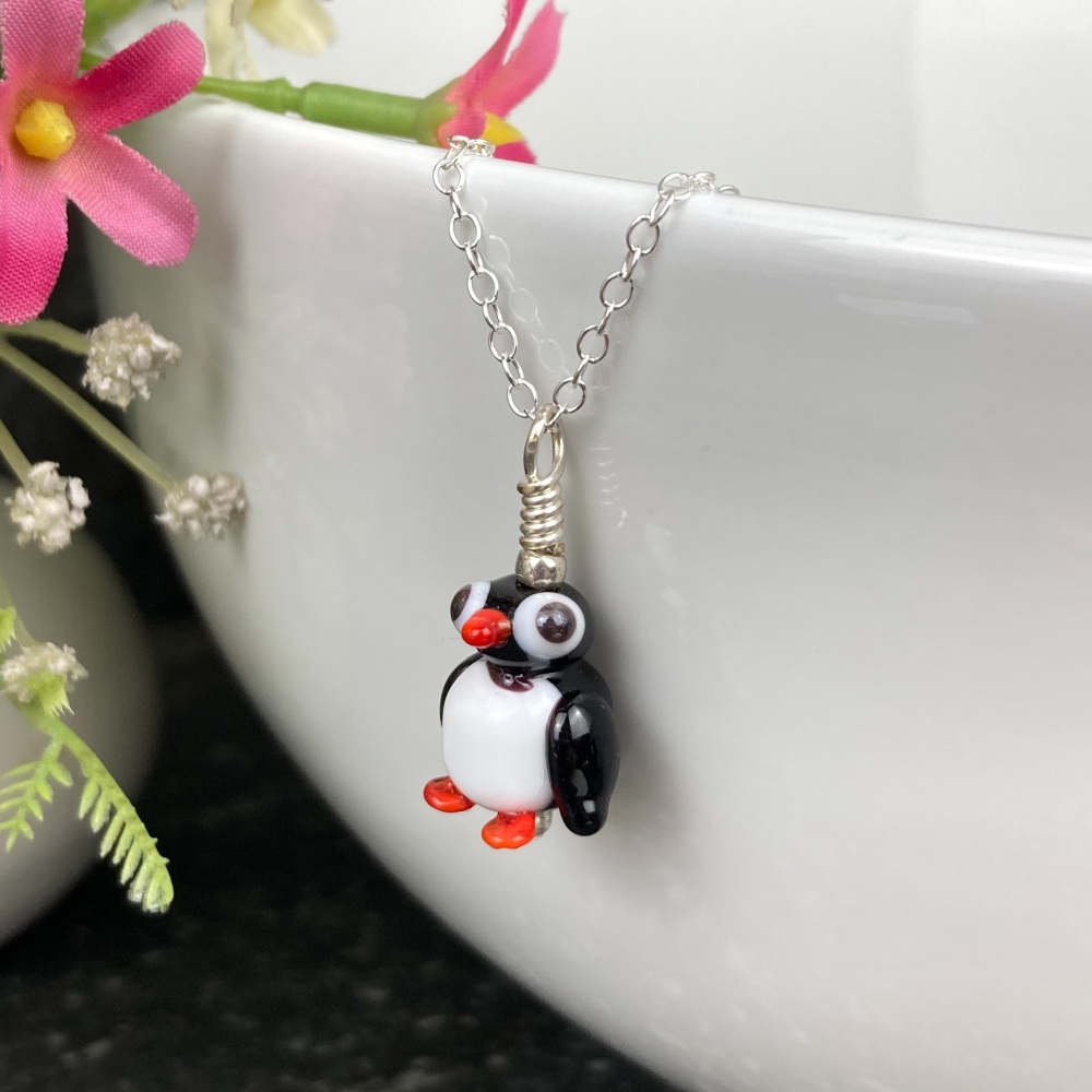 Penguin lampwork glass bird pendant on sterling silver chain necklace