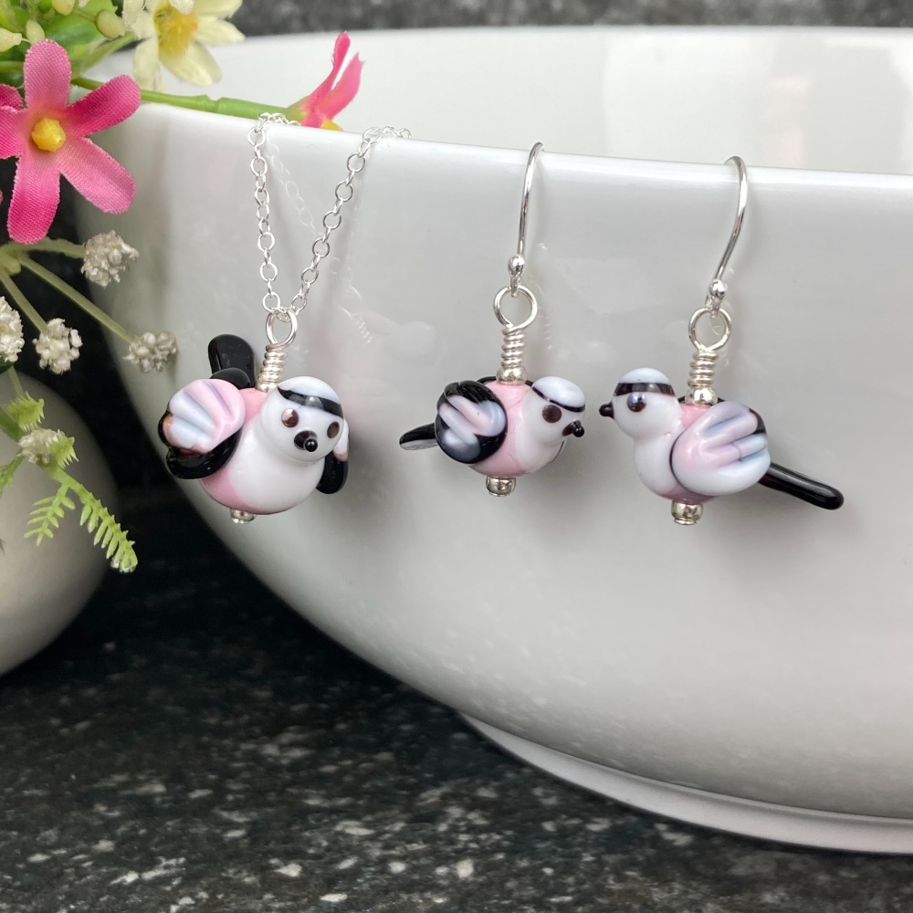 Long Tailed Tit Earrings and Large Pendant Set